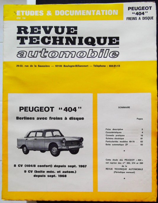 Revue Technique Automobile : Peugeot 404 Berlines avec freins à disque, 8 CV... 9 CV... de sept. 1968 à juin 1975..