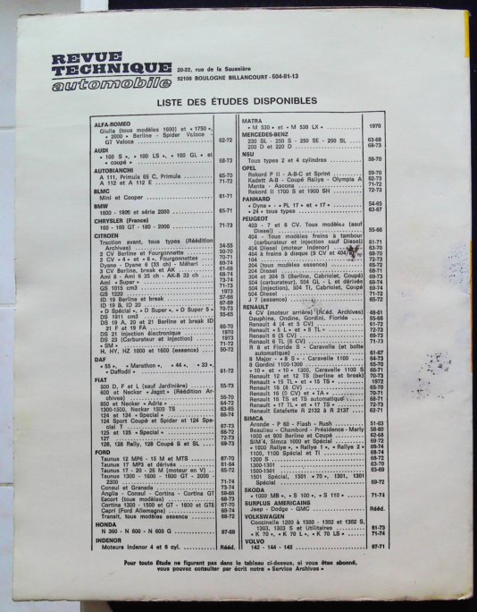 Revue Technique Automobile : Peugeot 404 Berlines avec freins à disque, 8 CV... 9 CV... de sept. 1968 à juin 1975.. – Image 3